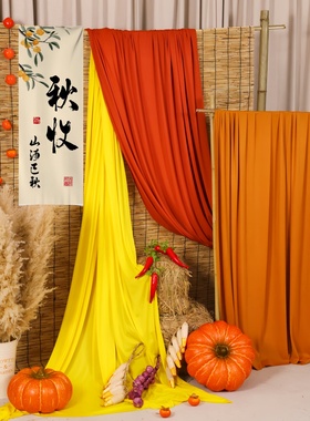 新中式秋季氛围感橙色黄色背景布幔书法纱幔国风庭院晒秋装饰挂布