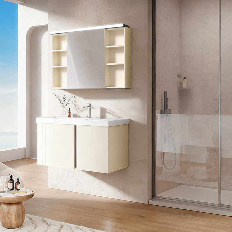 恒洁奶油风金属浴室柜组合现代简约壁挂式陶瓷台盆带镜柜储物2504,家装主材,浴室柜组合,淘宝优惠券,粉丝福利购,淘宝优惠卷