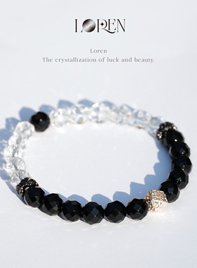 LOREN EYE 黑玛瑙手串男女刻面白水晶S925银手链高级礼物
