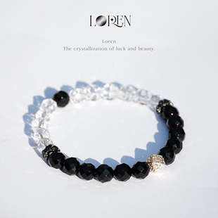 LOREN EYE 黑玛瑙手串男女刻面白水晶S925银手链高级礼物