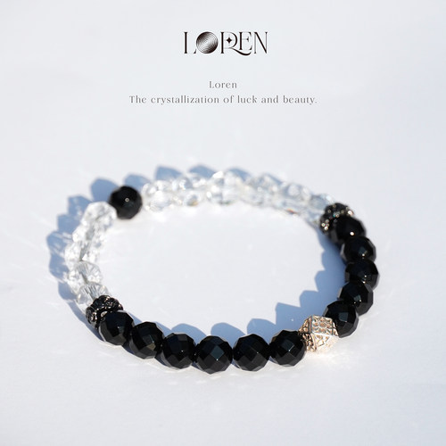 LOREN EYE 黑玛瑙手串男女刻面白水晶S925银手链高级礼物