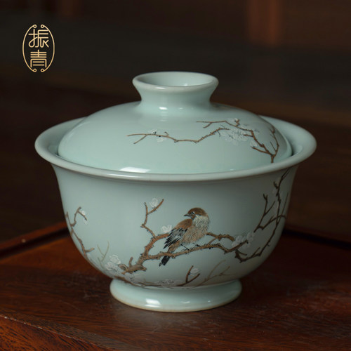 汝窑手绘盖碗单个泡茶碗景德镇青瓷茶具高端礼品瓷器纯手工礼盒装