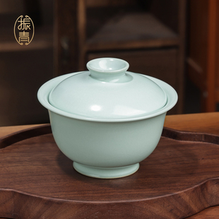 家用汝瓷茶具礼品 手工汝窑高足盖碗茶杯景德镇青瓷泡茶碗单个中式