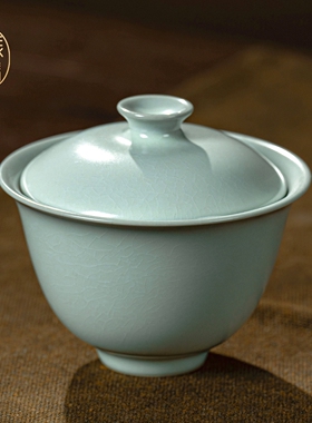 汝窑二才盖碗开片可养手工陶瓷敬茶碗家用泡茶碗中式功夫茶具茶碗