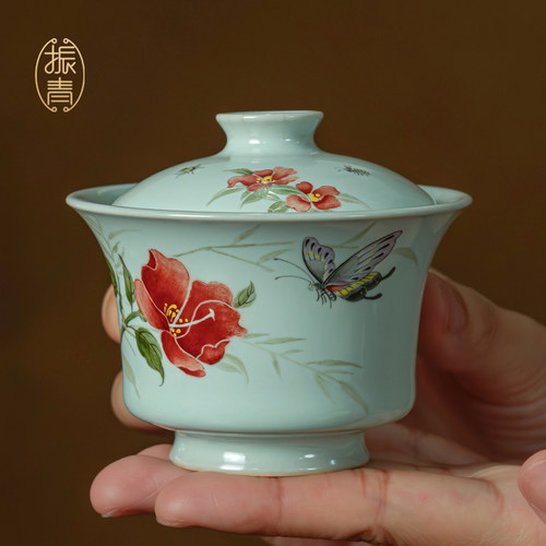 景德镇汝窑手绘山茶花蝴蝶盖碗