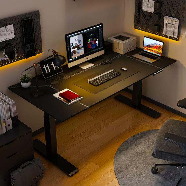 网红电动升降桌电竞桌马鞍皮电脑桌工作台站立式办公家用学习书桌