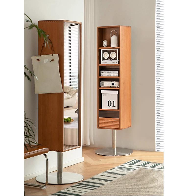 樱桃木落地旋转穿衣镜实木小户型全身镜日式书架收纳杂志柜展示柜
