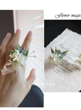 绿色小清新森林人造花新娘新郎手工戒指花结婚礼品礼品戒指礼盒