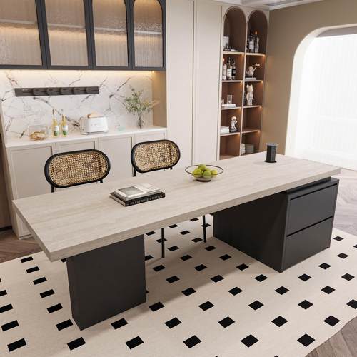 洞石岩板齐平岛台餐桌一体高端大坪数中古风家用厨房餐岛台一体桌