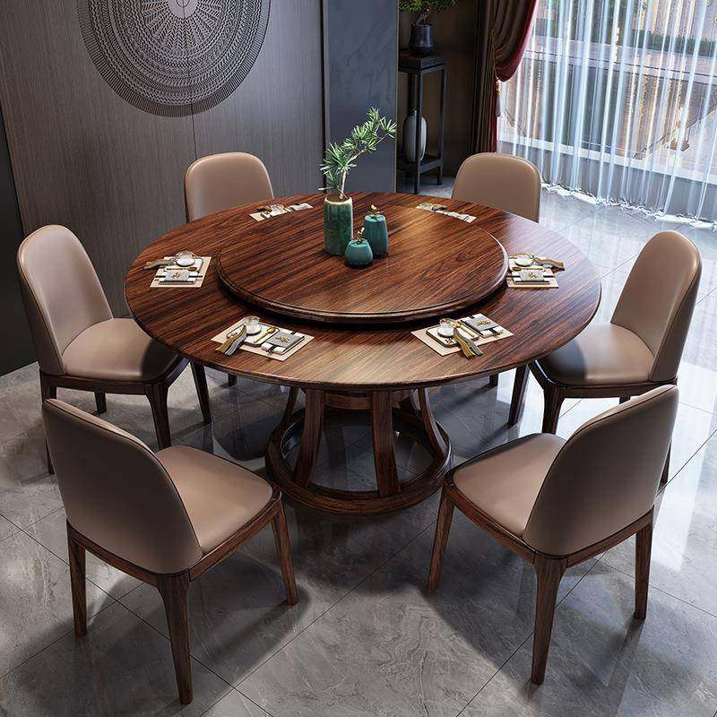 新中式实木餐桌圆家用饭店乌金木色系圆餐桌1.8m转盘大桌12人实用