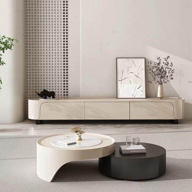 奶油伸缩岩板大小轻奢茶几小户型客厅简约落地家用电视柜现代组合