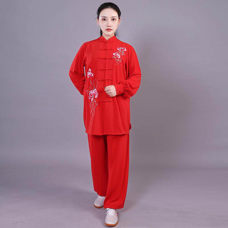 弹力棉绣花太极服女中长款练功服团体表演服套装新款武术服红色