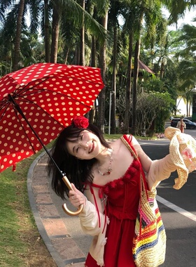 红色波点雨伞加大加厚加固女晴雨两用复古vintage婚伞高颜值长柄