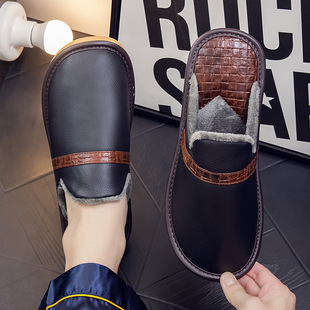 牛皮防水秋冬季家用男女情侣居家室内地板厚底防滑皮质保暖棉拖鞋