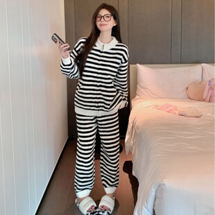 秋冬新款 半边绒加厚日系休闲条纹拉链软绵绵女士家居服睡衣套装
