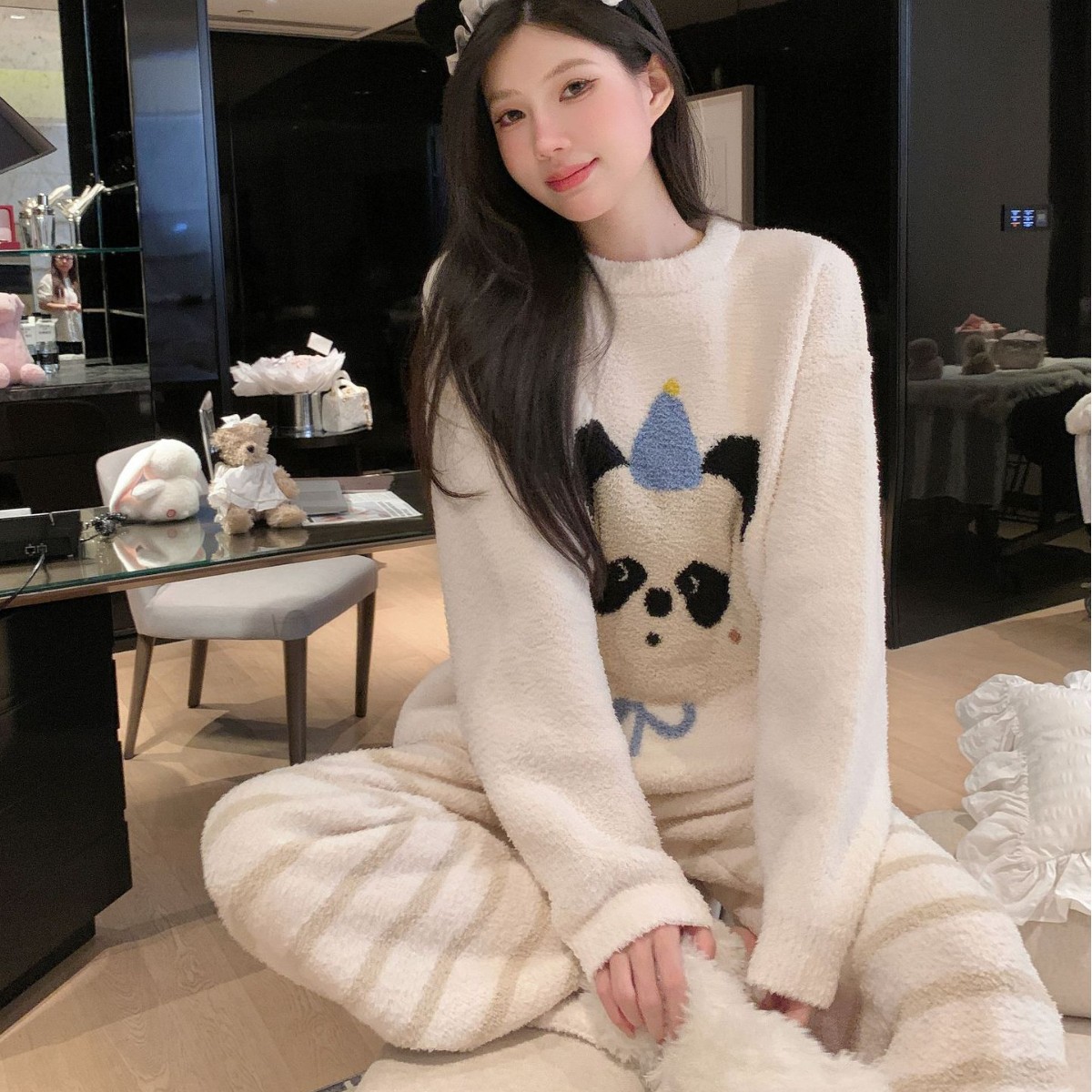 半边绒加厚软绵绵睡衣女冬季圆领套头可爱保暖套装家居服女