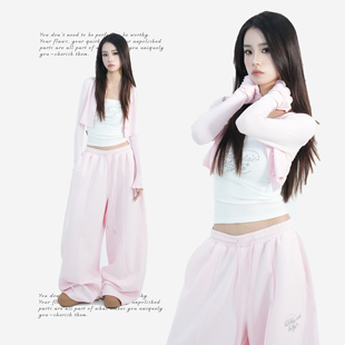 粉系初夏 显瘦辣妹开衫 套装 休闲裤 1633TZ 卫裤 大佬街舞潮牌原创