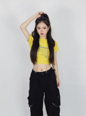 大佬街舞潮牌辣妹短款上衣显瘦美式复古修身夏季印花露脐百搭TX86