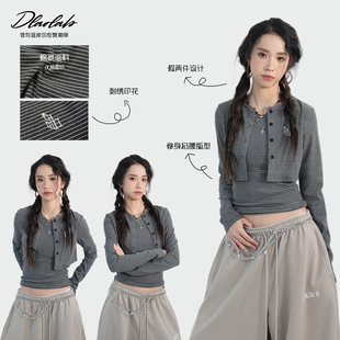 大佬街舞潮牌美式慵懒风条纹长袖T恤辣妹假两件修身显瘦上衣7885