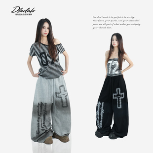 大佬街舞潮牌嘻哈脏脏卫裤 十字架松紧jazz辣妹显瘦百搭做旧6660