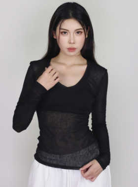 大佬街舞潮牌纯欲微透百搭打底上衣小众镂空长袖jazz夏季慵懒7479