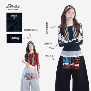 大佬街舞潮牌美式复古蕾丝撞色拼接长袖T恤修身辣妹上衣女TX326