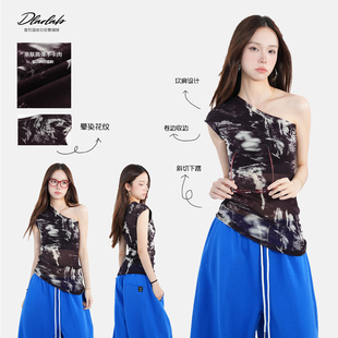 大佬街舞潮牌原创网纱jazz辣妹坎肩上衣单肩显瘦修身 不规则6439
