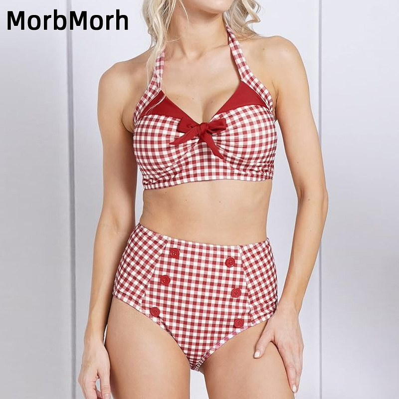 大码红色格子挂脖泳衣比基尼大胸