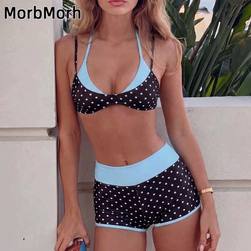 美式复古撞色波点平角分体泳衣女