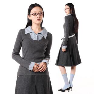 miu系条纹衬衫拼接针织衫假两件女装格雷灰2025早春基础修身上衣