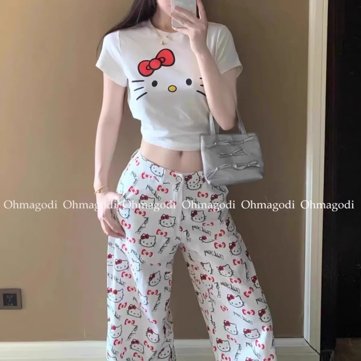 Kitty印花设计牛仔裤宽松长裤拖地裤直筒甜美辣妹风潮牌阔腿裤女