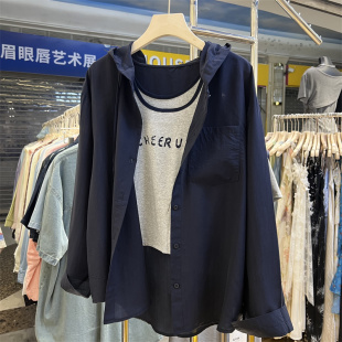吊帶背心襯衫 等你實拍25秋新款 兩件套女韓系寬松連帽防曬外套襯衣
