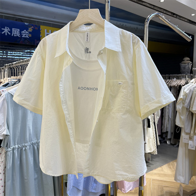 实拍夏季新款白色薄款纯色短袖衬衫女小个子气质百搭短款外套衬衣