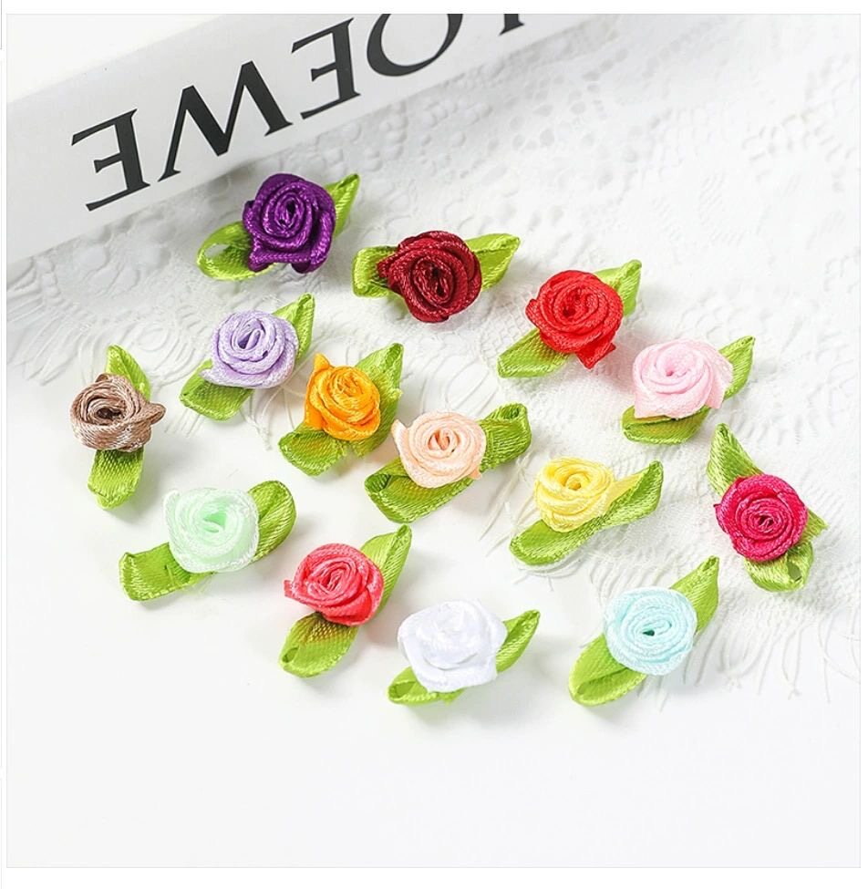 diy缎带玫瑰花材料 绿叶小花朵小玫瑰丝带手工发夹服饰装饰辅料