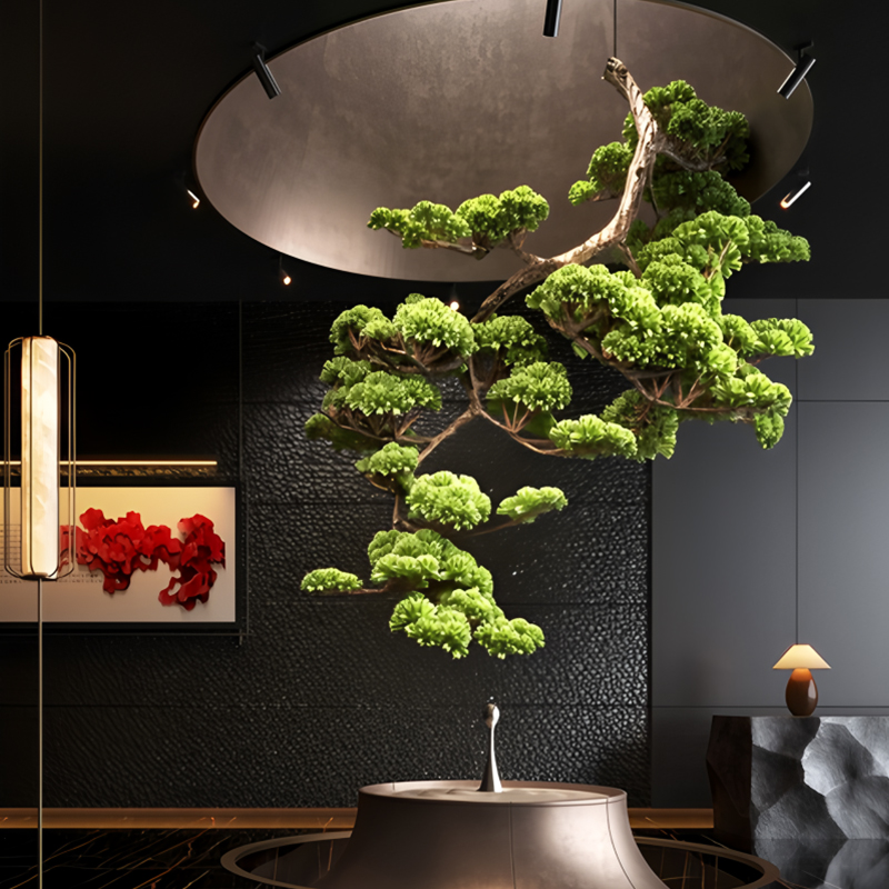 悬浮仿真迎客松仿真绿植新中式倒挂景观植物茶室玄关橱窗假树摆件