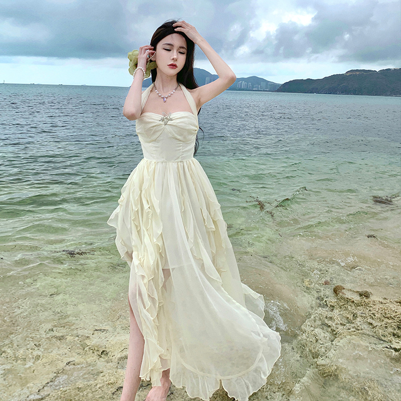 LIZI 公主裙海边连衣裙仙女裙子夏季度假生日抹胸裙收腰挂脖长裙