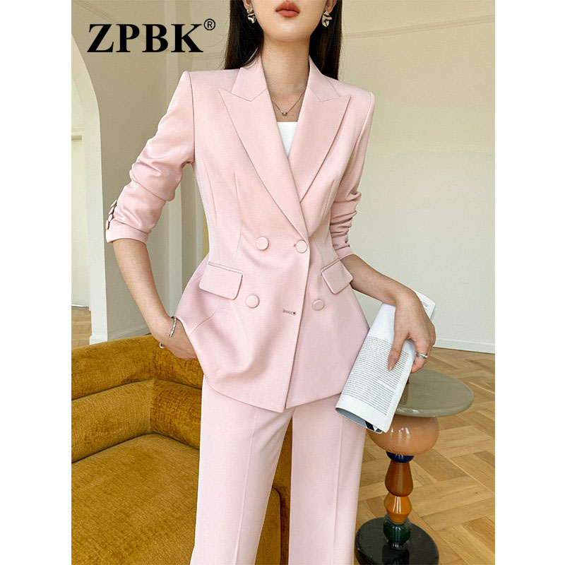 时尚温柔风西服套装女2026秋季新款双排扣收腰长袖通勤职业两件套