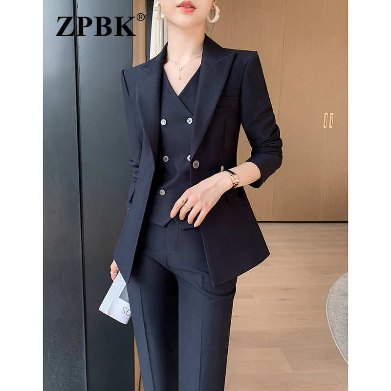 轻熟时尚风西服套装女2026秋季新款长袖单排扣收腰商务通勤三件套