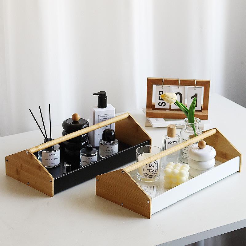 日式创意桌面提手收纳托盘杂物钥匙香薰化妆品金属竹木工具收纳盒