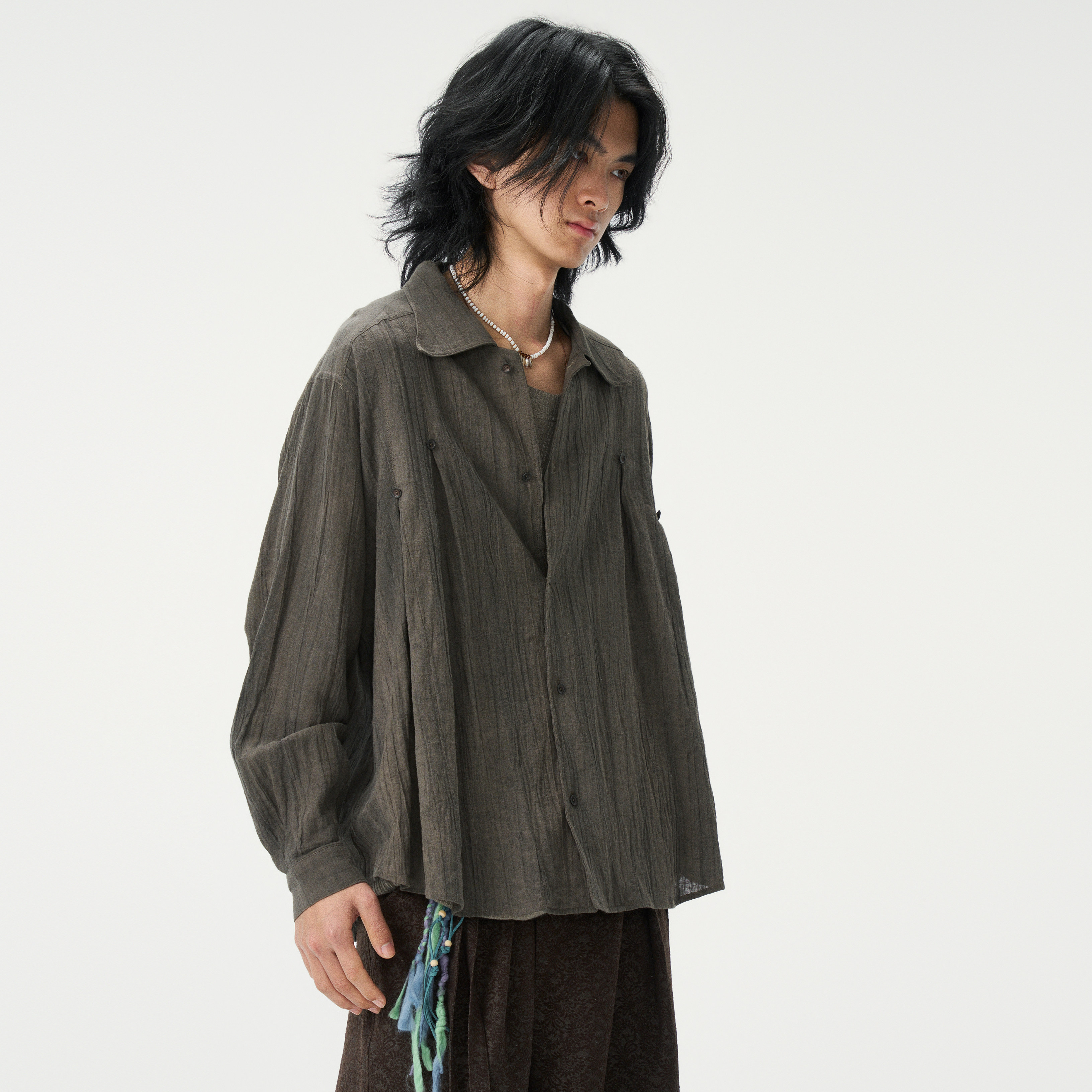 GongheRepub「落雨」枯木棕树纹皱感肌理 亚麻宽松落肩遮阳长衬衫