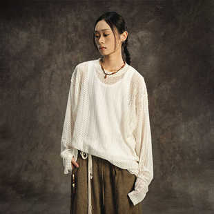 Gonghe Repub共和 手工针织双色海浪纹肌理镂空长袖新中式打底衫