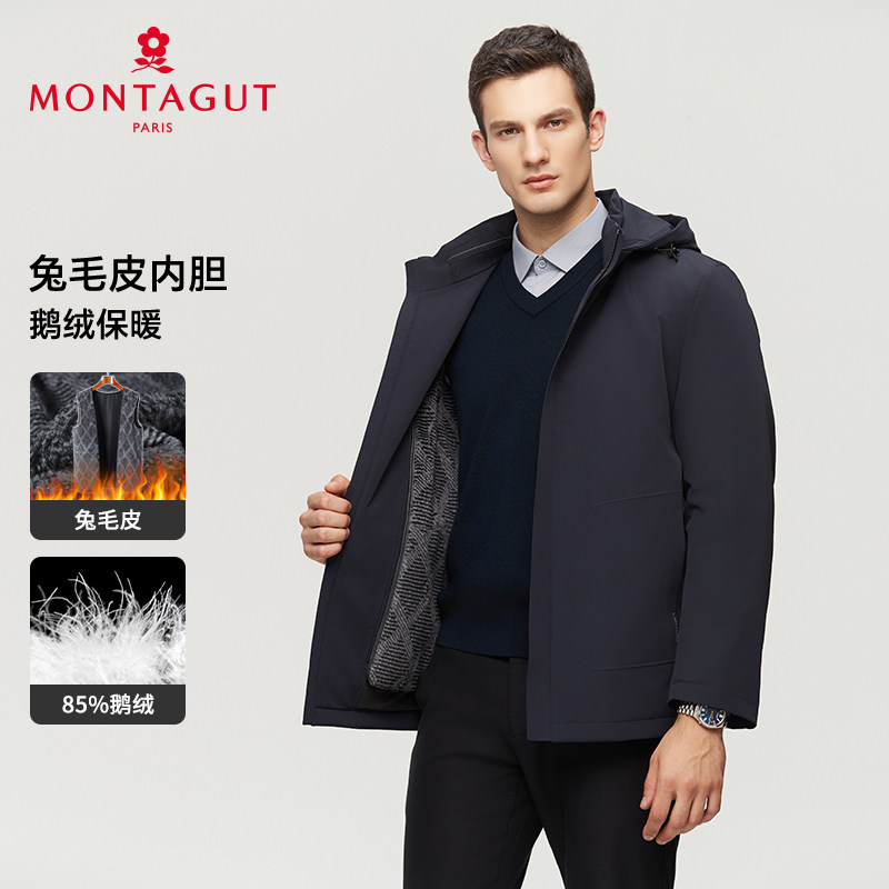 [兔毛皮内胆/鹅绒保暖]梦特娇冬季男皮草连帽派克服羽绒外套御寒J