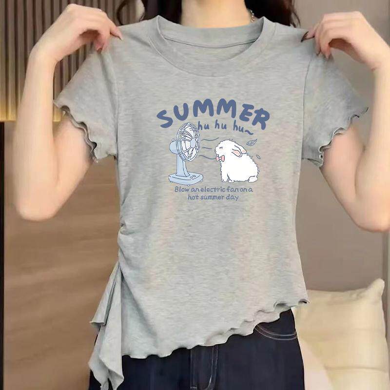 2026夏季短款短袖T恤女飘带印花