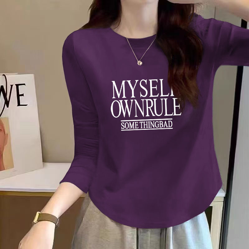 100%纯棉长袖秋季新款洋气薄款大码上衣女士不规则下摆圆领T恤衫