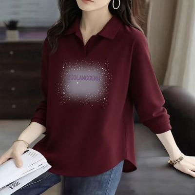 100%纯棉长袖简约印花POLO衫女士春秋季2025新款弧形下摆薄款上衣