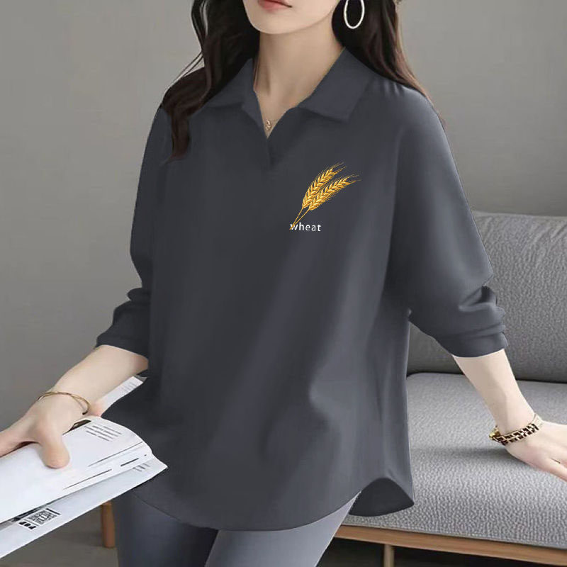 简约不规则下摆大码女士POLO衫秋季新款100%纯棉长袖宽松百搭T恤