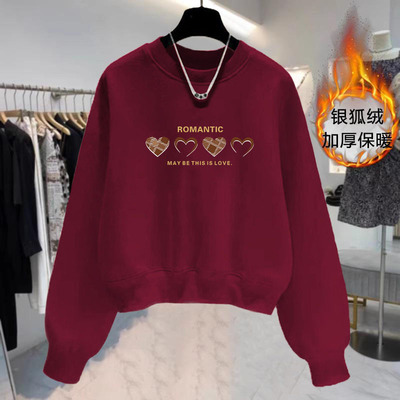 设计感印花加绒/不加绒休闲华棉大码小个子短款外套女士圆领卫衣