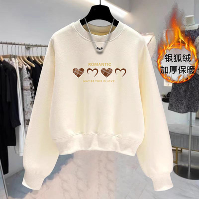 小个子短款外套女士设计感印花休闲显瘦华棉大码秋冬新款圆领卫衣