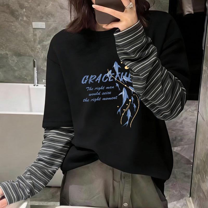 条纹拼接假两件长袖T恤宽松显瘦