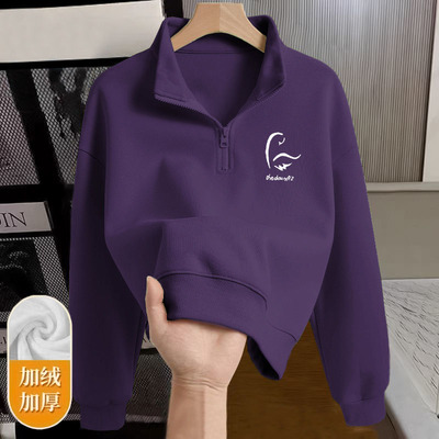 半拉链华棉宽松减龄短款上衣小个子女士简约印花秋冬新款套头卫衣